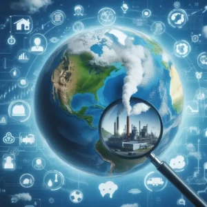 Earth with a magnifying glass focused on a factory emitting methane gas, symbolizing the exploration and understanding of methane's impact on the environment and human health, along with efforts towards mitigation. Alternatively, an image featuring a globe with various icons representing methane sources (such as livestock, fossil fuel extraction, landfills) and mitigation strategies (such as renewable energy, methane capture technology) could also effectively convey the article's theme.