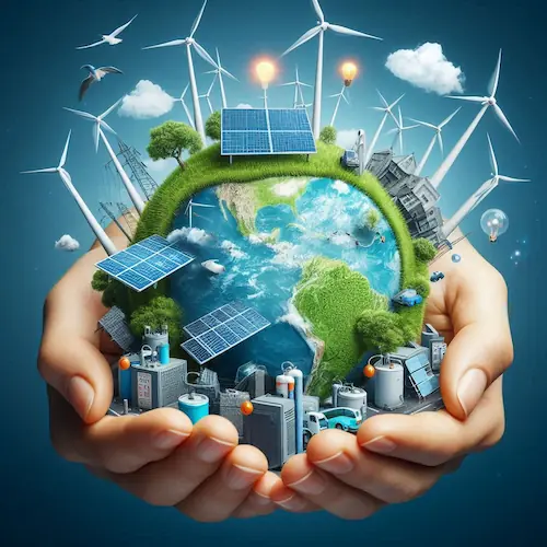 Hands cradling Earth with sustainable energy symbols, representing Energy Indonesia's commitment to global eco-friendly solutions