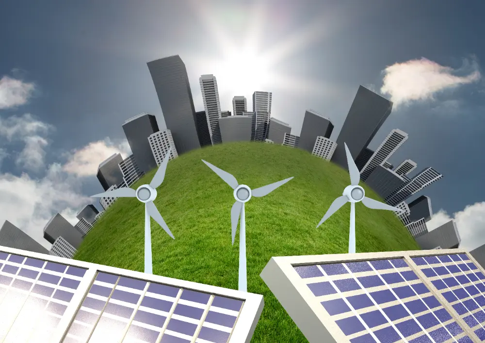Illustration of renewable energy systems in Indonesia, featuring wind turbines, solar panels, and a digitally connected green energy grid with a modern cityscape in the background, symbolizing sustainable energy transformation and technological innovation.