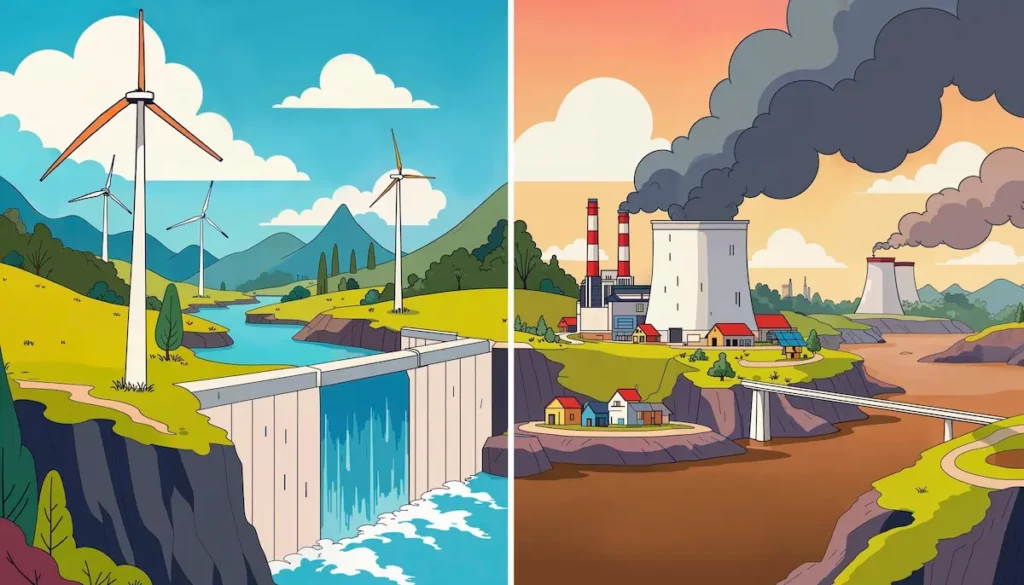 Two images featuring a power plant and a river, representing the balance between energy generation and environmental elements.