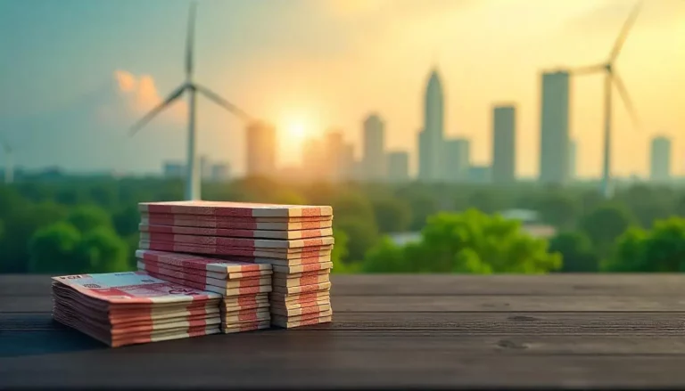 A stack of Indonesian rupiah banknotes placed on a wooden table with wind turbines and a city skyline in the background, symbolizing Danantara's investment in renewable energy and sustainable economic growth.