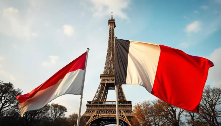 The Eiffel Tower stands prominently against a blue sky with scattered clouds, flanked by two waving flags - an Indonesian flag (red and white) on the left and a French flag (blue, white, and red tricolor) on the right. Autumn trees frame the lower portion of the image.