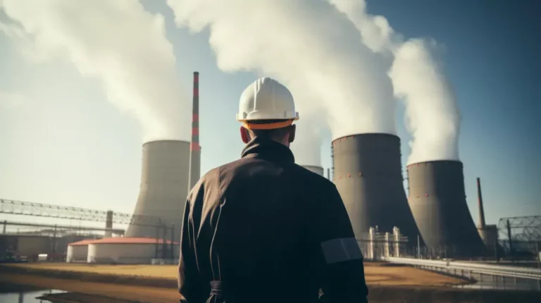 An engineer wearing a safety helmet stands in front of a coal-fired power plant with large cooling towers emitting steam, symbolizing Indonesia’s ongoing energy transition and the government’s new regulation guiding the early retirement of coal power plants.