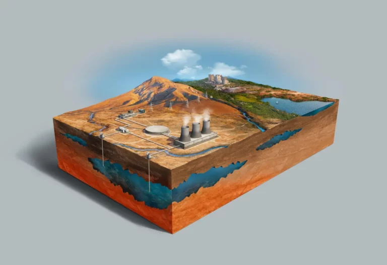 Illustration of a geothermal power plant system showing underground heat reservoirs, drilling infrastructure, and power generation facilities—highlighting the potential for public-private partnerships (PPPs) in Indonesia’s geothermal energy development.
