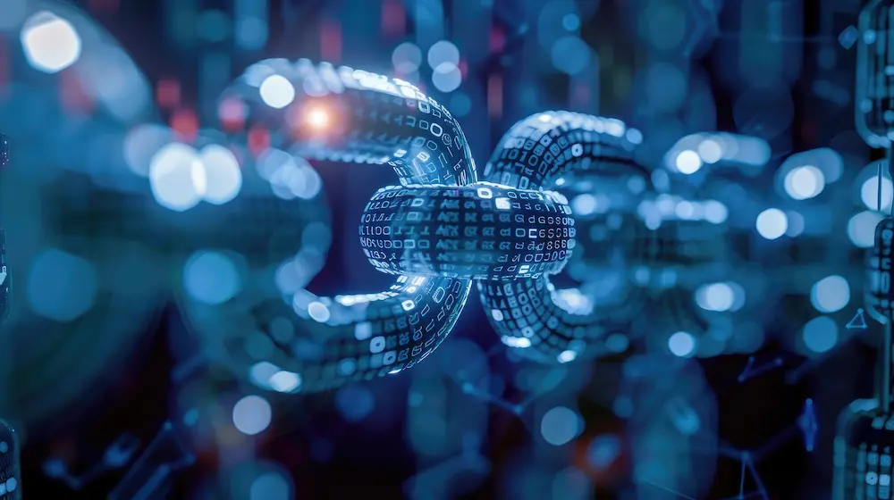 Digital rendering of a blockchain chain link formed by binary code, illustrating the secure and transparent infrastructure of blockchain energy systems in sustainable energy networks.