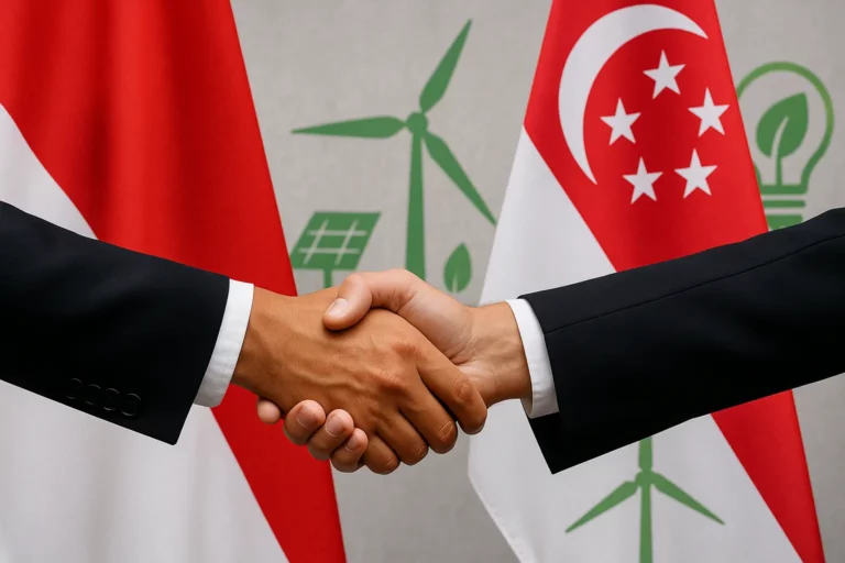 A handshake between two people with the flags of Indonesia and Singapore in the background, symbolizing a bilateral agreement on green energy collaboration, with subtle elements of renewable energy such as solar panels and greenery representing sustainability.