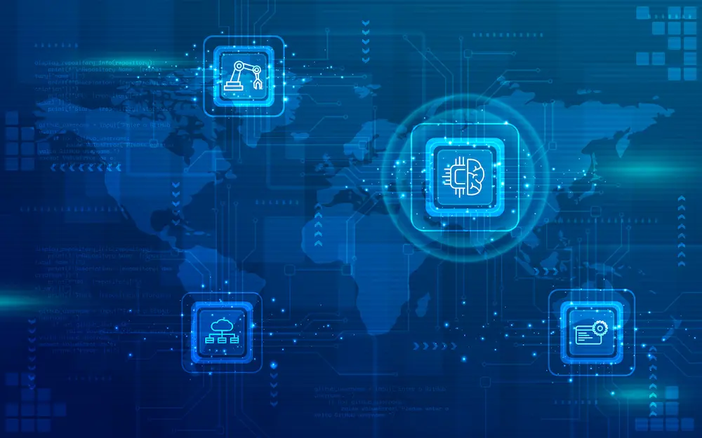 Illustration of global blockchain energy integration, featuring interconnected smart technology icons over a world map, representing the digital transformation of sustainable energy systems.